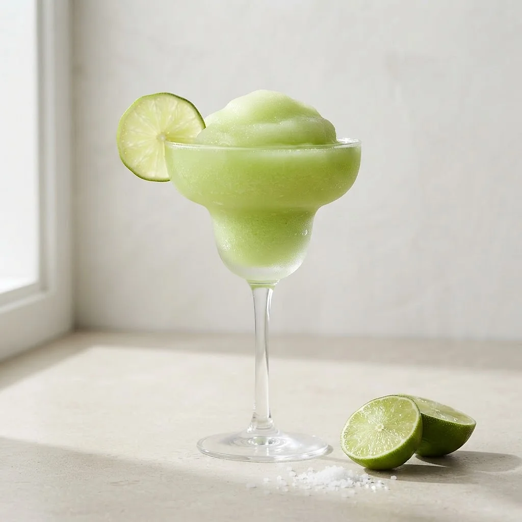 Margarita-Schale mit Frozen Margarita, daneben halbierte Limetten